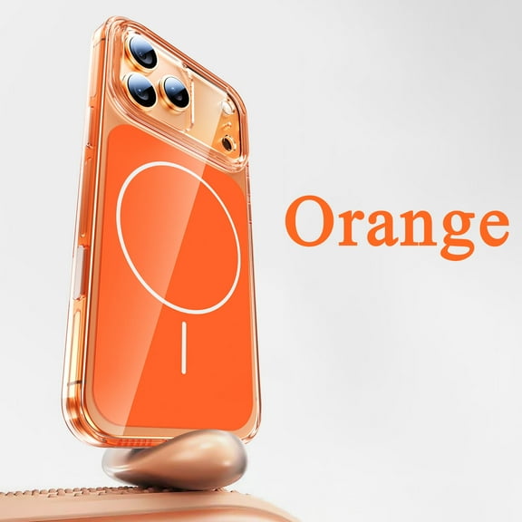 ELEHOLD For Apple iPhone 17 Pro Max Magnetic Case Cover, Glossy Tempered Glass Back Anti-Scratch Shock-Absorbent PC+TPU Anti-Fingerprint Wireless Charging Case,Orange