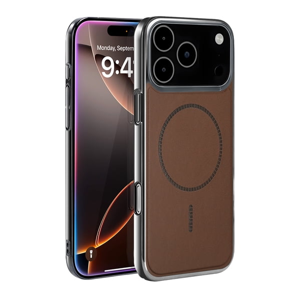 ELEHOLD For Apple iPhone 17 Pro Max Protective Case Cover, Shockproof PU Leather Plating Edge Magnetic Lightweight Non-Slip PC+TPU Protective Case ,Brown
