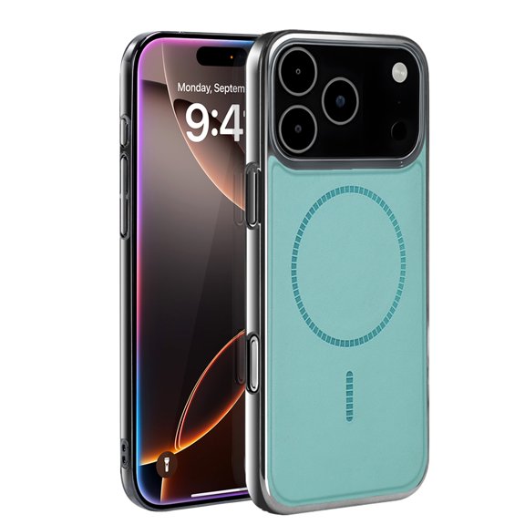 ELEHOLD For Apple iPhone 17 Pro Max Protective Case Cover, Shockproof PU Leather Plating Edge Magnetic Lightweight Non-Slip PC+TPU Protective Case ,Mint