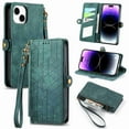 thumbnail image 1 of ELEHOLD for Apple iPhone 6/6S Flip Wallet Case, Shockproof Premium Vintage PU Leather Magnetic Geometric Handbag Zipper Pocket Card Holder Slots Kickstand Wrist Strap Cover, green, 1 of 8