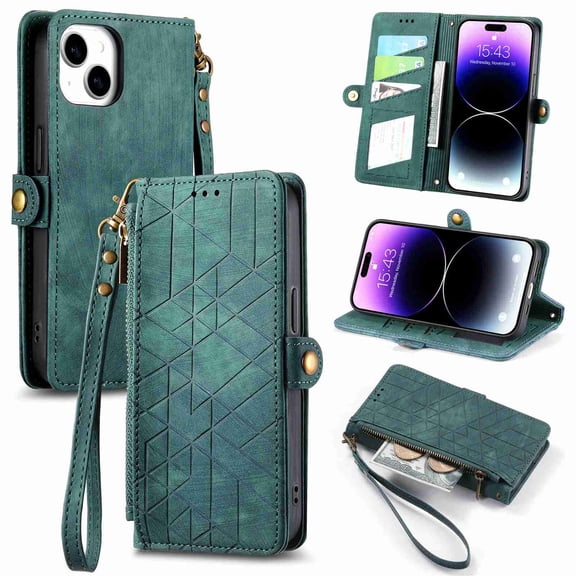 ELEHOLD for Apple iPhone 6/6S Flip Wallet Case, Shockproof Premium Vintage PU Leather Magnetic Geometric Handbag Zipper Pocket Card Holder Slots Kickstand Wrist Strap Cover, green