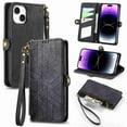 thumbnail image 1 of ELEHOLD for Apple iPhone XR Flip Wallet Case, Shockproof Premium Vintage PU Leather Magnetic Geometric Handbag Zipper Pocket Card Holder Slots Kickstand Wrist Strap Cover, black, 1 of 8