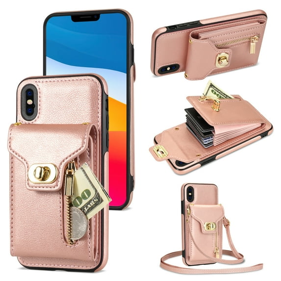 ELEHOLD for Apple iPhone XS/X Zipper Pocket Case, Flip PU Leather Wallet Crossbody Shoulder Strap Lanyard Case with Credit Card Holder Women RFID Blocking Protective Purse Cover, rosegold