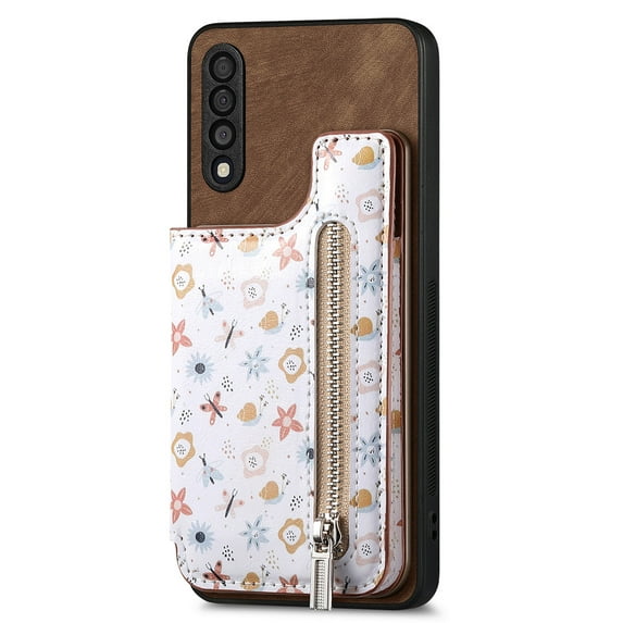 ELEHOLD Back Wallet Case for Samsung Galaxy A04E Case with Flower Floral Pattern RFID Blocking Card Holders Zipper Storage Stand Function Magnetic Shockproof Purse Cover,brown