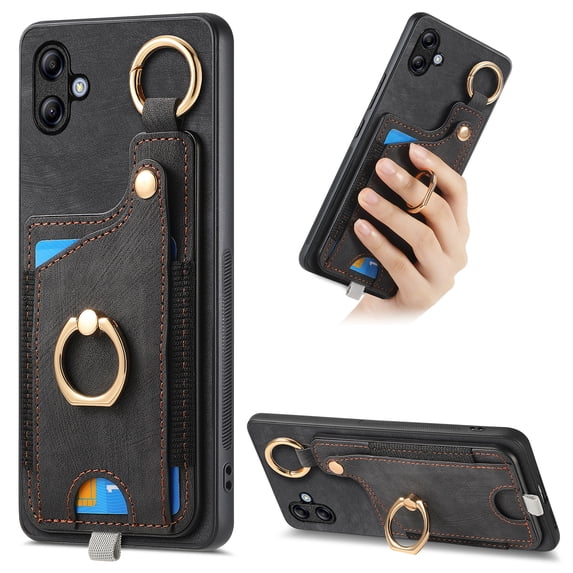 ELEHOLD Back Wallet Case for Samsung Galaxy A04E Premium PU Leather Credit Card Slots Strong Magnetic Compatible with Magnetic Car Mount Holder Finger Ring Holder Stand Drop Protection Case,black
