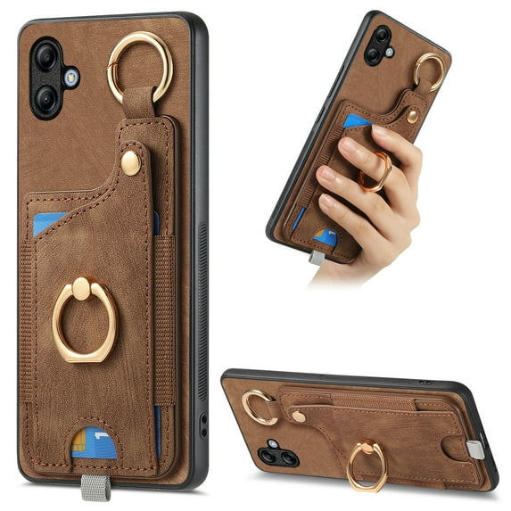 ELEHOLD Back Wallet Case for Samsung Galaxy A04E Premium PU Leather Credit Card Slots Strong Magnetic Compatible with Magnetic Car Mount Holder Finger Ring Holder Stand Drop Protection Case,brown