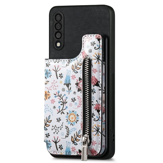 ELEHOLD Back Wallet Case for Samsung Galaxy A12 5G Case with Flower Floral Pattern RFID Blocking Card Holders Zipper Storage Stand Function Magnetic Shockproof Purse Cover,black