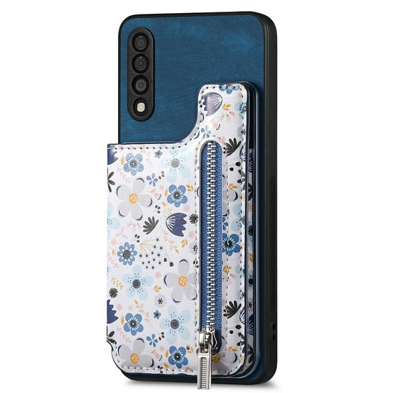 ELEHOLD Back Wallet Case for Samsung Galaxy A12 5G Case with Flower Floral Pattern RFID Blocking Card Holders Zipper Storage Stand Function Magnetic Shockproof Purse Cover,blue