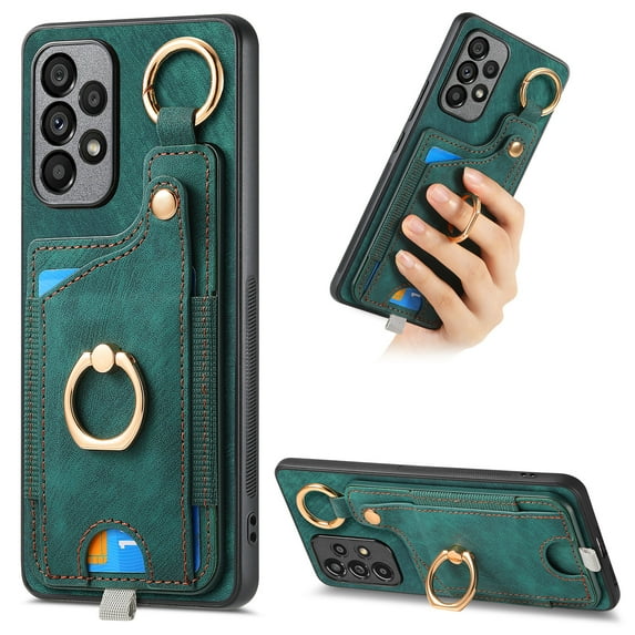 ELEHOLD Back Wallet Case for Samsung Galaxy A12 5G Premium PU Leather Credit Card Slots Strong Magnetic Compatible with Magnetic Car Mount Holder Finger Ring Holder Stand Drop Protection Case,green