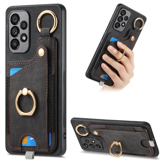 ELEHOLD Back Wallet Case for Samsung Galaxy A12 5G Premium PU Leather Credit Card Slots Strong Magnetic Compatible with Magnetic Car Mount Holder Finger Ring Holder Stand Drop Protection Case,black