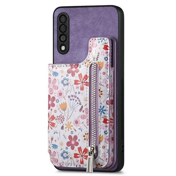 ELEHOLD Back Wallet Case for Samsung Galaxy A13 5G Case with Flower Floral Pattern RFID Blocking Card Holders Zipper Storage Stand Function Magnetic Shockproof Purse Cover,purple