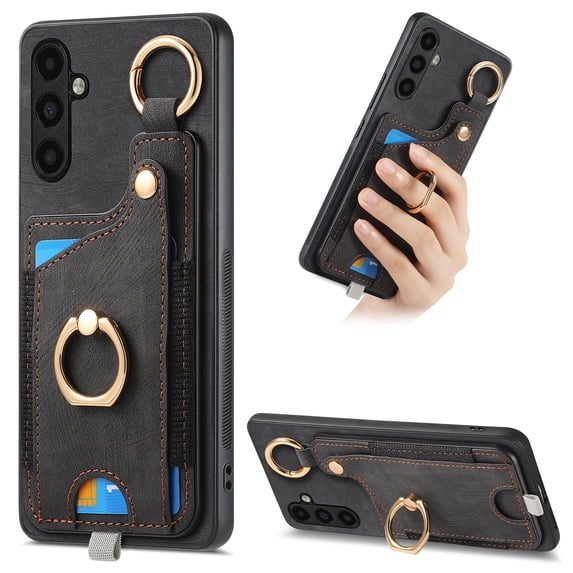 ELEHOLD Back Wallet Case for Samsung Galaxy A13 5G Premium PU Leather Credit Card Slots Strong Magnetic Compatible with Magnetic Car Mount Holder Finger Ring Holder Stand Drop Protection Case,black