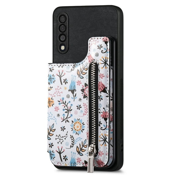 ELEHOLD Back Wallet Case for Samsung Galaxy A21s Case with Flower Floral Pattern RFID Blocking Card Holders Zipper Storage Stand Function Magnetic Shockproof Purse Cover,black