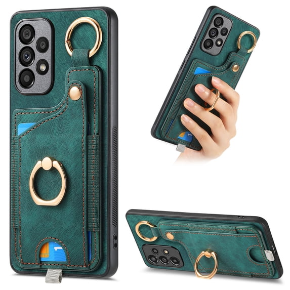 ELEHOLD Back Wallet Case for Samsung Galaxy A32 5G Premium PU Leather Credit Card Slots Strong Magnetic Compatible with Magnetic Car Mount Holder Finger Ring Holder Stand Drop Protection Case,green