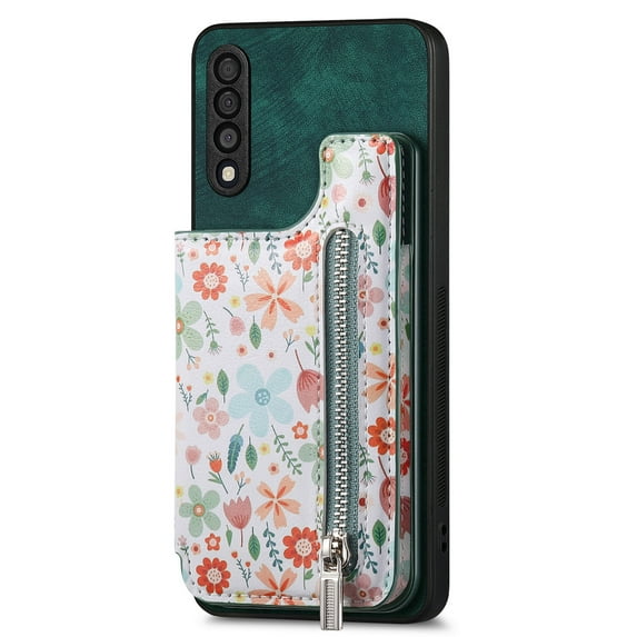 ELEHOLD Back Wallet Case for Samsung Galaxy A33 5G Case with Flower Floral Pattern RFID Blocking Card Holders Zipper Storage Stand Function Magnetic Shockproof Purse Cover,green