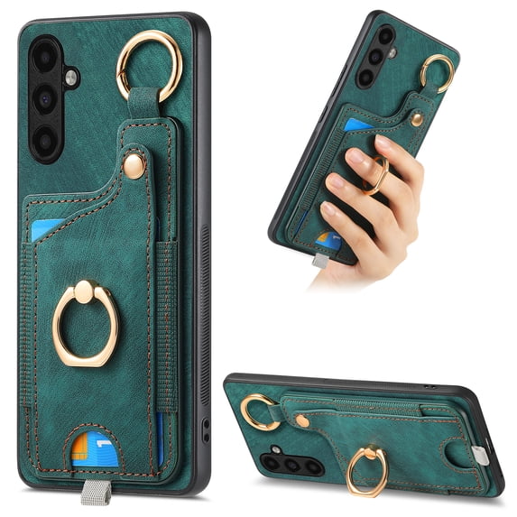 ELEHOLD Back Wallet Case for Samsung Galaxy A34 5G Premium PU Leather Credit Card Slots Strong Magnetic Compatible with Magnetic Car Mount Holder Finger Ring Holder Stand Drop Protection Case,green