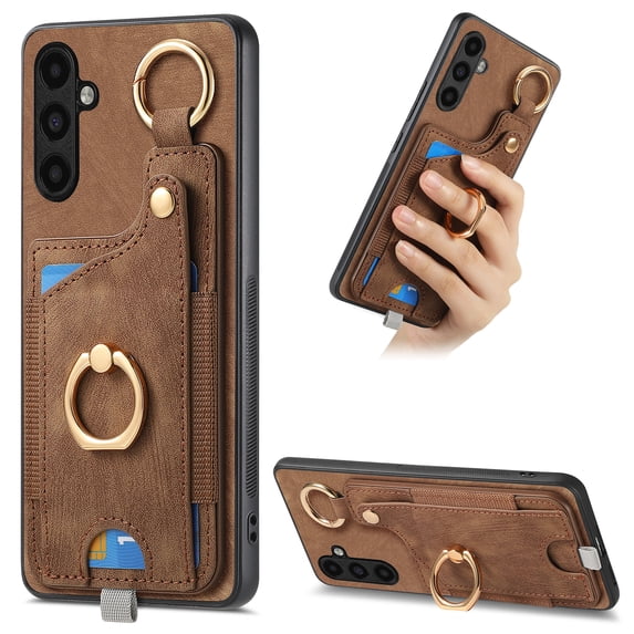 ELEHOLD Back Wallet Case for Samsung Galaxy A34 5G Premium PU Leather Credit Card Slots Strong Magnetic Compatible with Magnetic Car Mount Holder Finger Ring Holder Stand Drop Protection Case,brown
