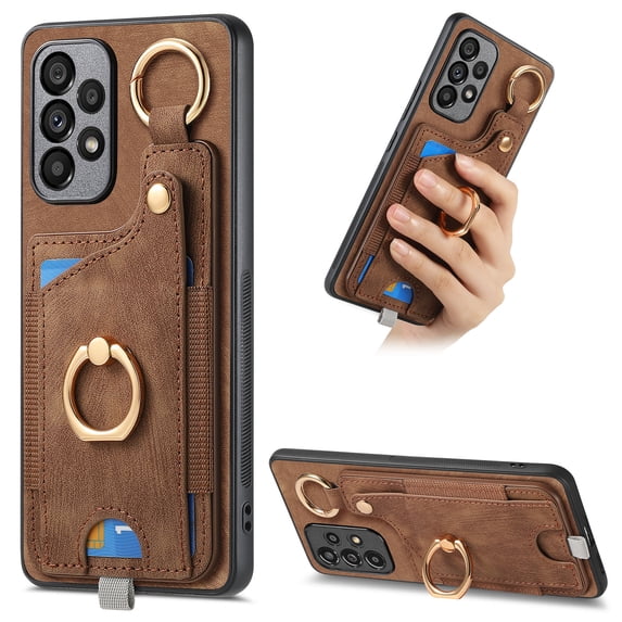ELEHOLD Back Wallet Case for Samsung Galaxy A52 5G Premium PU Leather Credit Card Slots Strong Magnetic Compatible with Magnetic Car Mount Holder Finger Ring Holder Stand Drop Protection Case,brown