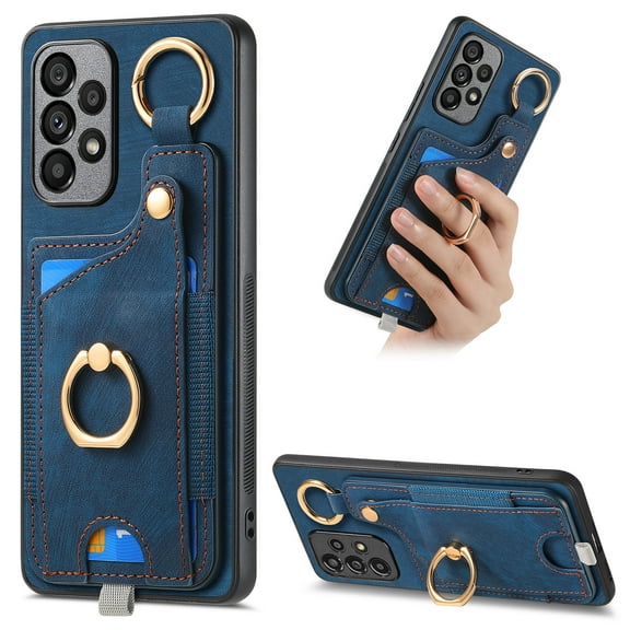 ELEHOLD Back Wallet Case for Samsung Galaxy A53 5G Premium PU Leather Credit Card Slots Strong Magnetic Compatible with Magnetic Car Mount Holder Finger Ring Holder Stand Drop Protection Case,blue
