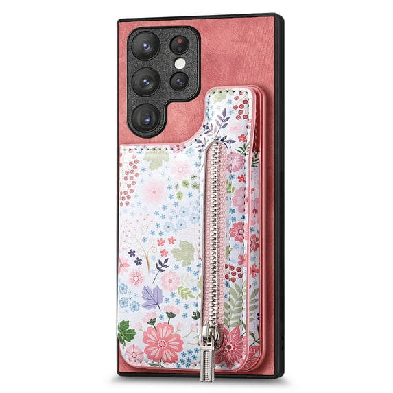 ELEHOLD Back Wallet Case for Samsung Galaxy S20 Ultra Case with Flower Floral Pattern RFID Blocking Card Holders Zipper Storage Stand Function Magnetic Shockproof Purse Cover,pink