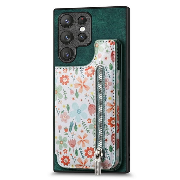 ELEHOLD Back Wallet Case for Samsung Galaxy S20 Ultra Case with Flower Floral Pattern RFID Blocking Card Holders Zipper Storage Stand Function Magnetic Shockproof Purse Cover,green