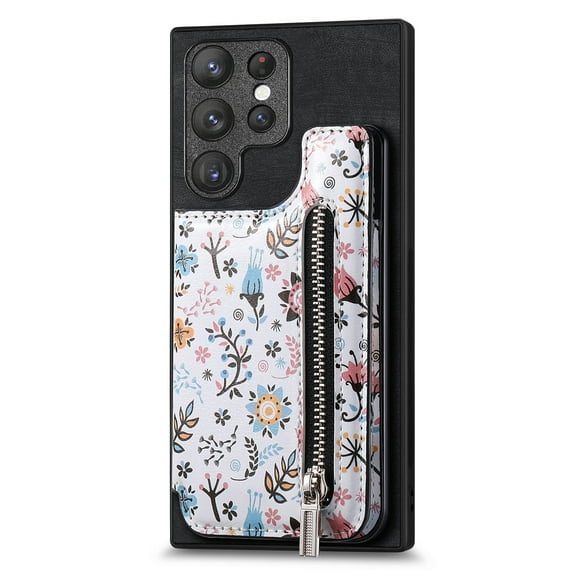 ELEHOLD Back Wallet Case for Samsung Galaxy S21 FE Case with Flower Floral Pattern RFID Blocking Card Holders Zipper Storage Stand Function Magnetic Shockproof Purse Cover,black