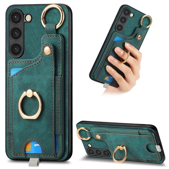 ELEHOLD Back Wallet Case for Samsung Galaxy S21 FE Premium PU Leather Credit Card Slots Strong Magnetic Compatible with Magnetic Car Mount Holder Finger Ring Holder Stand Drop Protection Case,green