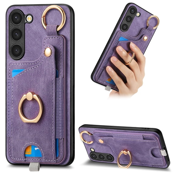 ELEHOLD Back Wallet Case for Samsung Galaxy S21 FE Premium PU Leather Credit Card Slots Strong Magnetic Compatible with Magnetic Car Mount Holder Finger Ring Holder Stand Drop Protection Case,purple