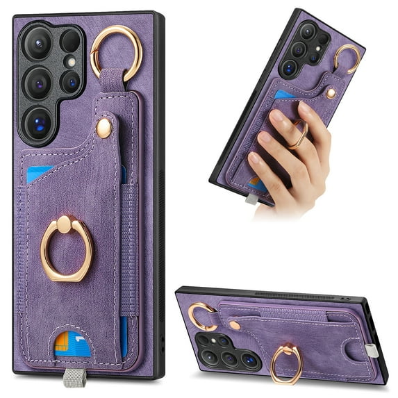 ELEHOLD Back Wallet Case for Samsung Galaxy S21 Ultra Premium PU Leather Credit Card Slots Strong Magnetic Compatible with Magnetic Car Mount Holder Finger Ring Holder Stand Protection Case,purple