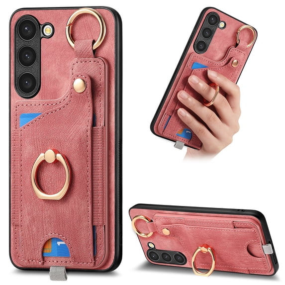 ELEHOLD Back Wallet Case for Samsung Galaxy S22 Plus Premium PU Leather Credit Card Slots Strong Magnetic Compatible with Magnetic Car Mount Holder Finger Ring Holder Stand Drop Protection Case,pink