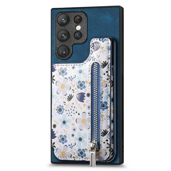ELEHOLD Back Wallet Case for Samsung Galaxy S22 Ultra Case with Flower Floral Pattern RFID Blocking Card Holders Zipper Storage Stand Function Magnetic Shockproof Purse Cover,blue
