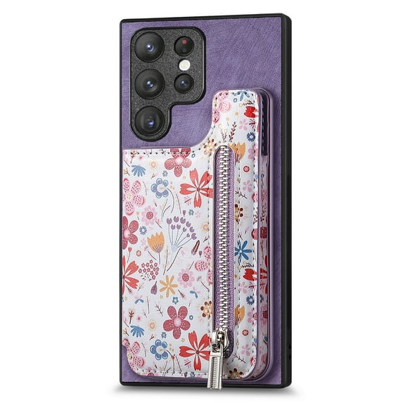 ELEHOLD Back Wallet Case for Samsung Galaxy S22 Ultra Case with Flower Floral Pattern RFID Blocking Card Holders Zipper Storage Stand Function Magnetic Shockproof Purse Cover,purple