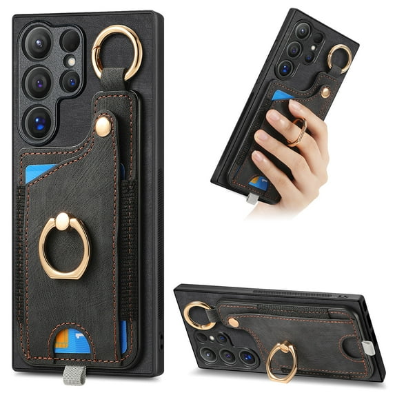ELEHOLD Back Wallet Case for Samsung Galaxy S22 Ultra Premium PU Leather Credit Card Slots Strong Magnetic Compatible with Magnetic Car Mount Holder Finger Ring Holder Stand Drop Protection Case,black