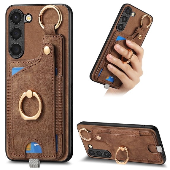 ELEHOLD Back Wallet Case for Samsung Galaxy S23 FE Premium PU Leather Credit Card Slots Strong Magnetic Compatible with Magnetic Car Mount Holder Finger Ring Holder Stand Drop Protection Case,brown
