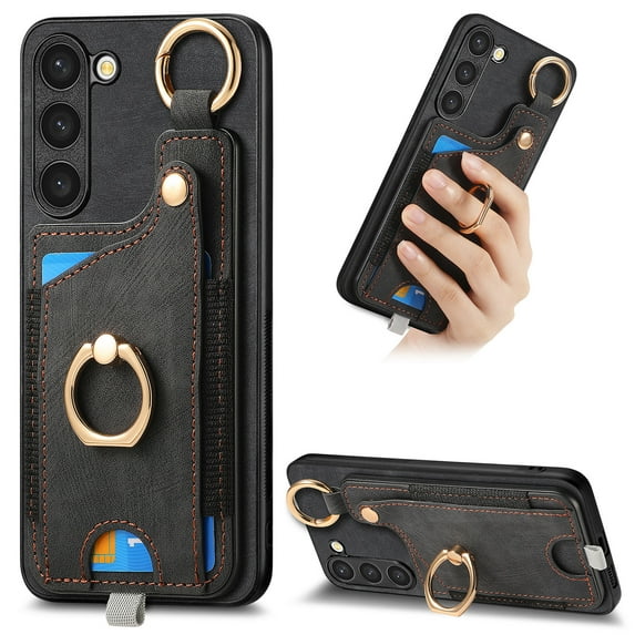 ELEHOLD Back Wallet Case for Samsung Galaxy S23 Plus Premium PU Leather Credit Card Slots Strong Magnetic Compatible with Magnetic Car Mount Holder Finger Ring Holder Stand Drop Protection Case,black