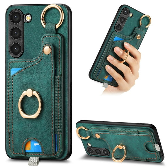 ELEHOLD Back Wallet Case for Samsung Galaxy S23 Premium PU Leather Credit Card Slots Strong Magnetic Compatible with Magnetic Car Mount Holder Finger Ring Holder Stand Drop Protection Case,green