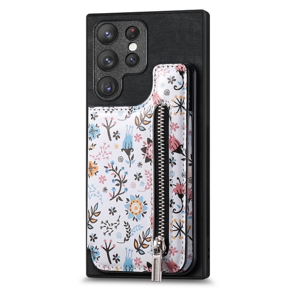 ELEHOLD Back Wallet Case for Samsung Galaxy S23 Ultra Case with Flower Floral Pattern RFID Blocking Card Holders Zipper Storage Stand Function Magnetic Shockproof Purse Cover,black