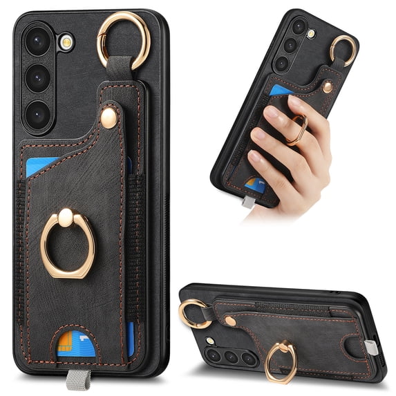 ELEHOLD Back Wallet Case for Samsung Galaxy S24+ Premium PU Leather Credit Card Slots Strong Magnetic Compatible with Magnetic Car Mount Holder Finger Ring Holder Stand Drop Protection Case,black