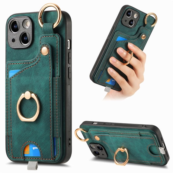 ELEHOLD Back Wallet Case for iPhone 12 Mini Premium PU Leather Credit Card Slots Strong Magnetic Compatible with Magnetic Car Mount Holder Finger Ring Holder Stand Drop Protection Case,green