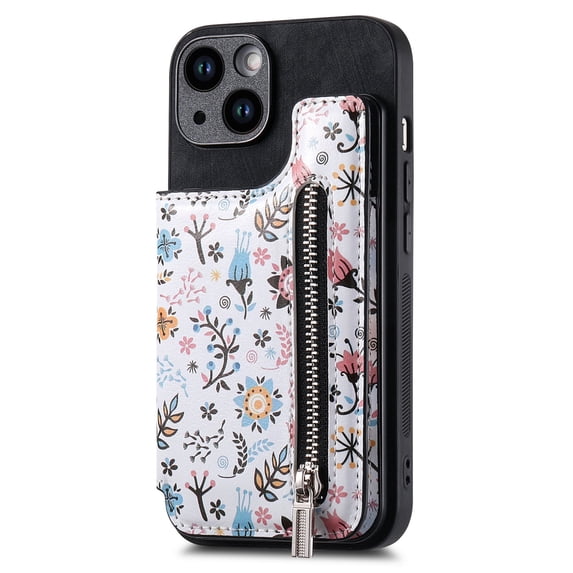 ELEHOLD Back Wallet Case for iPhone 12 Pro Case with Flower Floral Pattern RFID Blocking Card Holders Zipper Storage Stand Function Magnetic Shockproof Purse Cover,black