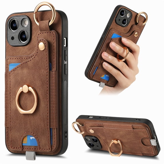 ELEHOLD Back Wallet Case for iPhone 12 Pro Max Premium PU Leather Credit Card Slots Strong Magnetic Compatible with Magnetic Car Mount Holder Finger Ring Holder Stand Drop Protection Case,brown