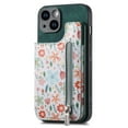 thumbnail image 1 of ELEHOLD Back Wallet Case for iPhone 14 Case with Flower Floral Pattern RFID Blocking Card Holders Zipper Storage Stand Function Magnetic Shockproof Purse Cover,green, 1 of 8