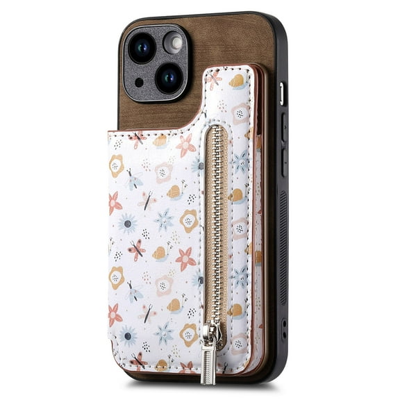 ELEHOLD Back Wallet Case for iPhone 14 Plus Case with Flower Floral Pattern RFID Blocking Card Holders Zipper Storage Stand Function Magnetic Shockproof Purse Cover,brown