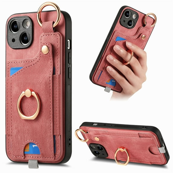 ELEHOLD Back Wallet Case for iPhone 14 Plus Premium PU Leather Credit Card Slots Strong Magnetic Compatible with Magnetic Car Mount Holder Finger Ring Holder Stand Drop Protection Case,pink