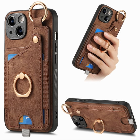 ELEHOLD Back Wallet Case for iPhone 14 Pro Max Premium PU Leather Credit Card Slots Strong Magnetic Compatible with Magnetic Car Mount Holder Finger Ring Holder Stand Drop Protection Case,brown