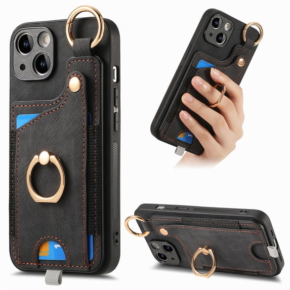ELEHOLD Back Wallet Case for iPhone 14 Pro Max Premium PU Leather Credit Card Slots Strong Magnetic Compatible with Magnetic Car Mount Holder Finger Ring Holder Stand Drop Protection Case,black