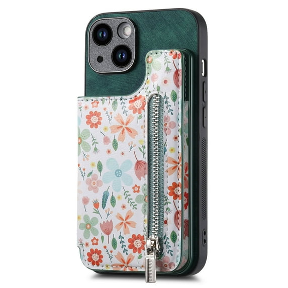 ELEHOLD Back Wallet Case for iPhone 15 Plus Case with Flower Floral Pattern RFID Blocking Card Holders Zipper Storage Stand Function Magnetic Shockproof Purse Cover,green