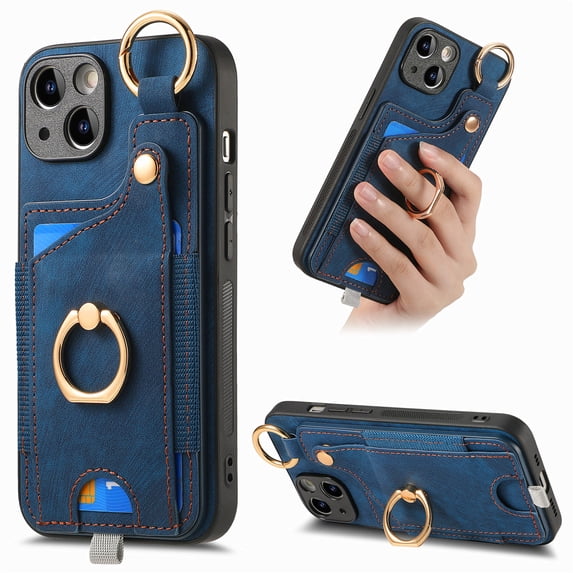 ELEHOLD Back Wallet Case for iPhone 15 Premium PU Leather Credit Card Slots Strong Magnetic Compatible with Magnetic Car Mount Holder Finger Ring Holder Stand Drop Protection Case,blue