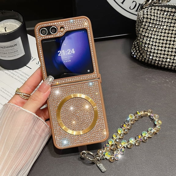 ELEHOLD Bling Magnetic Case for Samsung Galaxy Z Flip 7 2025,Full Rhinestone Crystal Glitter Magnetic Shockproof Cover for Women with Detachable Beaded Wrist Strap,Gold