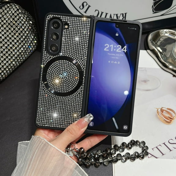 ELEHOLD Bling Magnetic Case for Samsung Galaxy Z Fold 7 2025,Full Rhinestone Crystal Glitter Magnetic Shockproof Cover for Women with Detachable Beaded Wrist Strap,Black